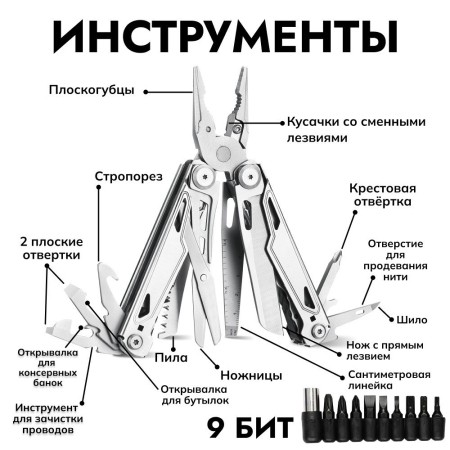 Уцененный товар Мультитул Ganzo G303 (24 в 1) серебристый с полноразмерными ножницами (Виринный образец)