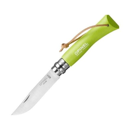 Нож Opinel №7 Trekking, нержавеющая сталь, кожаный темляк, светло-зеленый, 001442