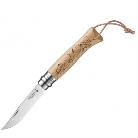Нож Opinel №8 Trekking, нержавеющая сталь, рукоять бук, гравировка сурок, козел и эдельвейс, темляк, 001641