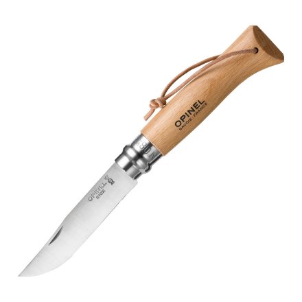Нож Opinel №8, нержавеющая сталь, рукоять из бука, с кожаным темляком, 001321