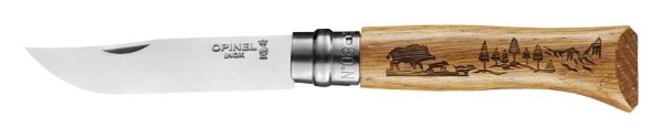 Уцененный товар Нож Opinel №8, нержавеющая сталь, рукоять дуб, гравировка кабан (Глубокий паз в рукояти для клинка (ногтевой зацеп) утоплен)