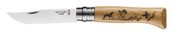 Уцененный товар Нож Opinel №8, 002335 нержавеющая сталь, рукоять дуб, гравировка собака (Заточка волной, замин)