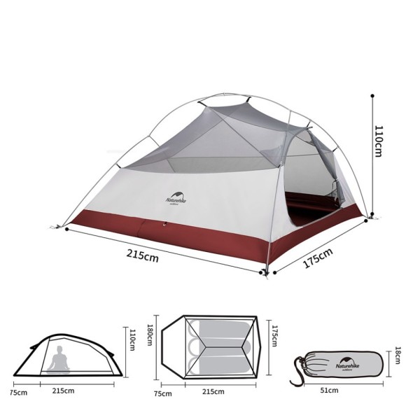 Палатка Naturehike Cloud Up NH18T030-T 20D трехместная сверхлегкая с ковриком, светло-серый, 6927595730614