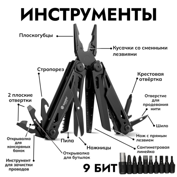Мультитул Ganzo G303-B (24 в 1) черный с полноразмерными ножницами (Вскрытая, поврежденная упаковка.)