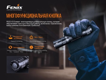 Уцененный товар Фонарь Fenix тактический PD32 V2.0 1200 люмен(Сост. нового. Поврежд. упаковка. В комп-ции нет чехла)