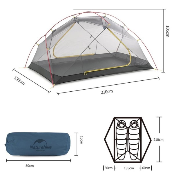 Палатка Naturehike Mongar NH19M002-J 210T двухместная сверхлегкая, синяя Phantom Blue, 6975641882596