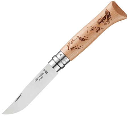 Нож Opinel №8 Alpine adventures, нержавеющая сталь, рукоять бук, гравировка пеший туризм