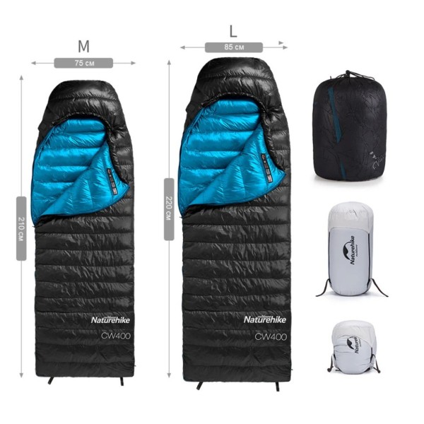 Мешок спальный Naturehike CW400 NH18C400-D с утиным пухом, размер M, черный, 6927595794531
