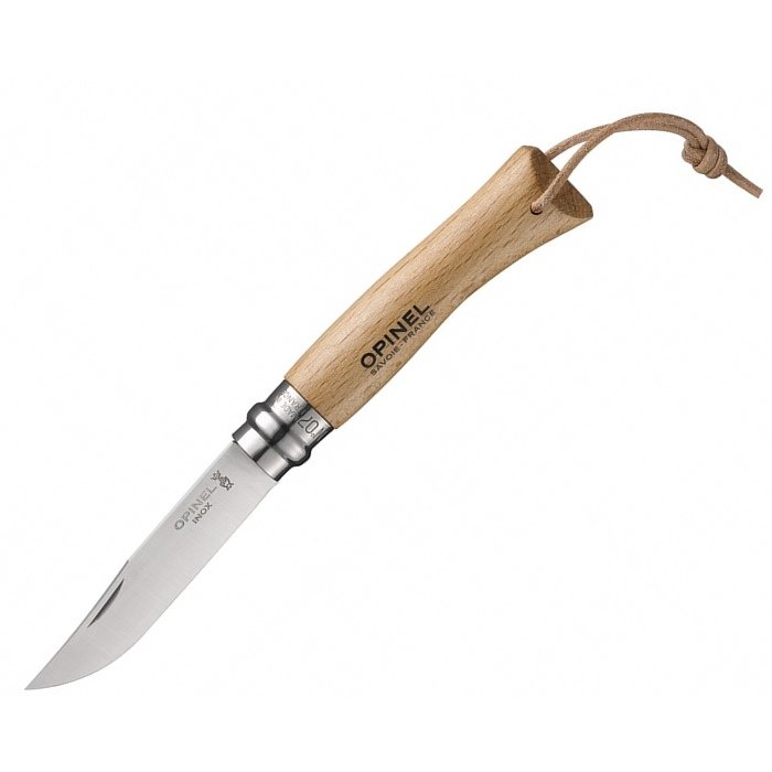 Нож складной Opinel №7, нержавеющая сталь, рукоять из бука, с кожаным темляком