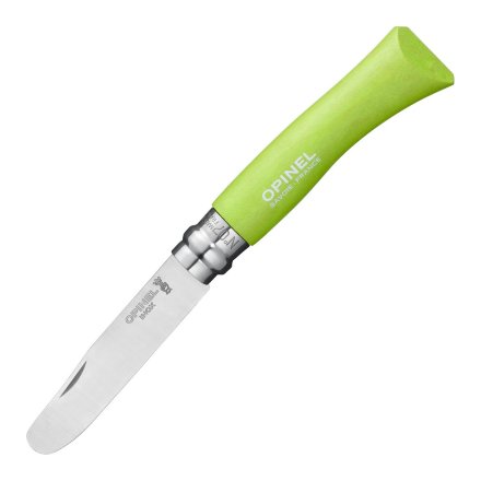 Display of 6 N°07 round ended safety knives Apple green hornbeam handles, 001700