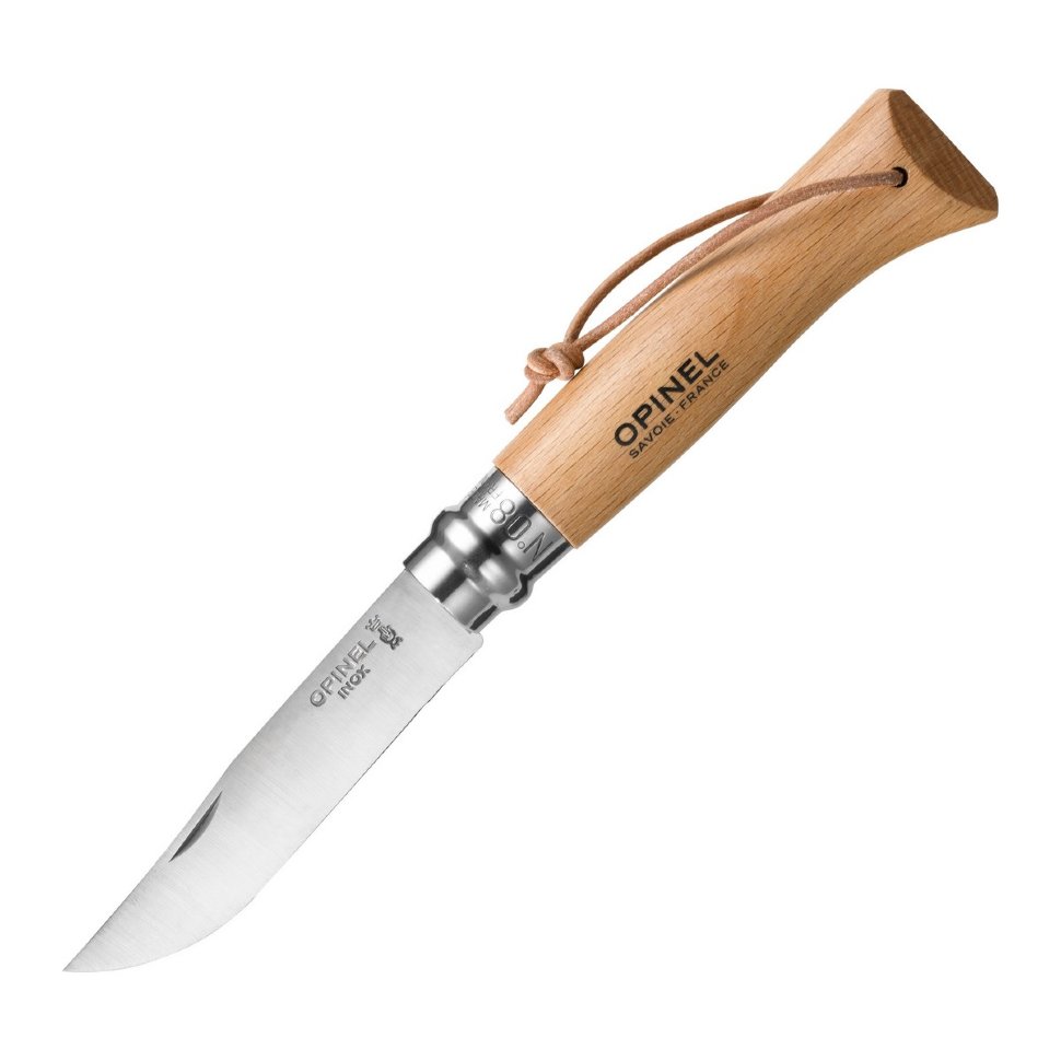 Нож складной Opinel №8, нержавеющая сталь, рукоять из бука, с кожаным темляком