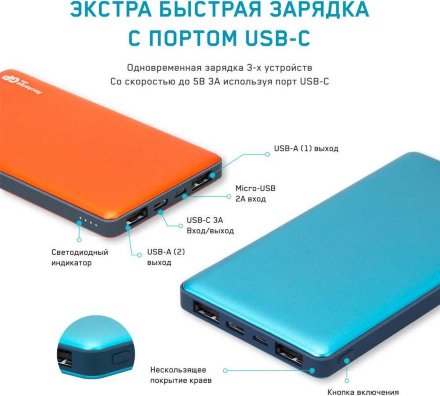 Мобильный аккумулятор GP Portable PowerBank MP10 Li-Pol 10000mAh 2.4A+2.4A+3A синий 2xUSB, 1152262