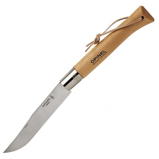 Нож складной Opinel №13, нержавеющая сталь, рукоять из бука, кожаный темляк, картонная коробка