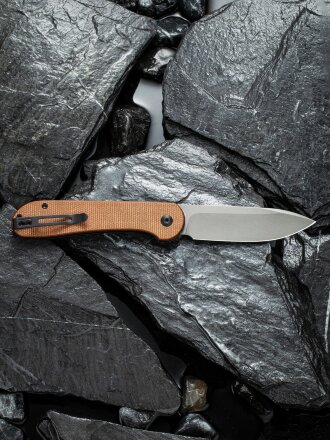 Складной нож CIVIVI Button Lock Elementum 14C28N Steel Gray Stonewashed Handle Brown Micarta