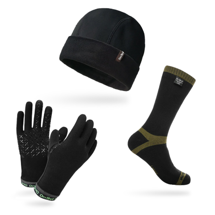 Акционный комплект DexShell носки Trekking Green DS636 + перчатки Drylite DG9946BLK + шапка Watch DH9912BLK, winter32